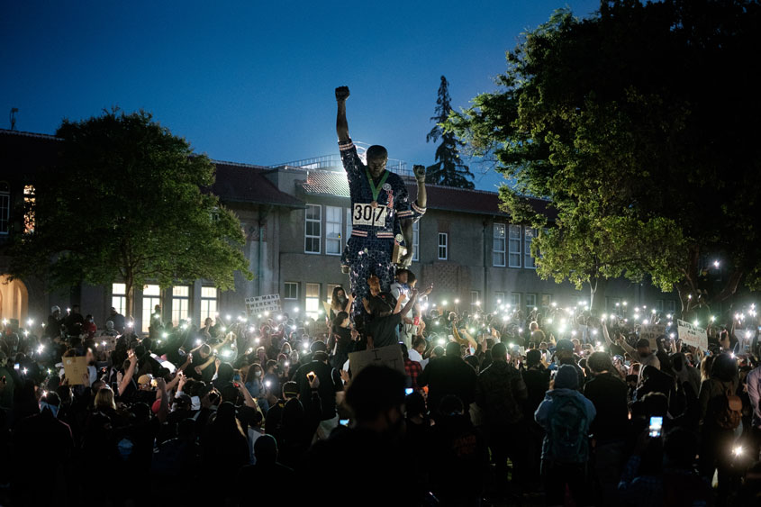 Students Peacefully protesting at SJSU Smith and Carlos Olympic Statue