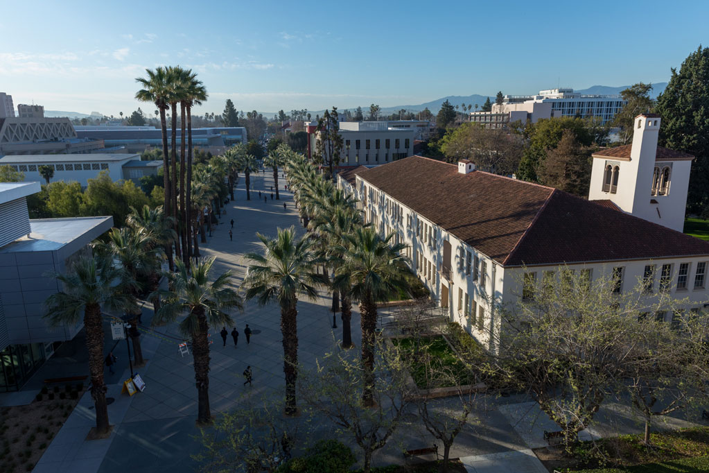 Aerial view of SJSU's Paseo de Cesar E. Chavez.