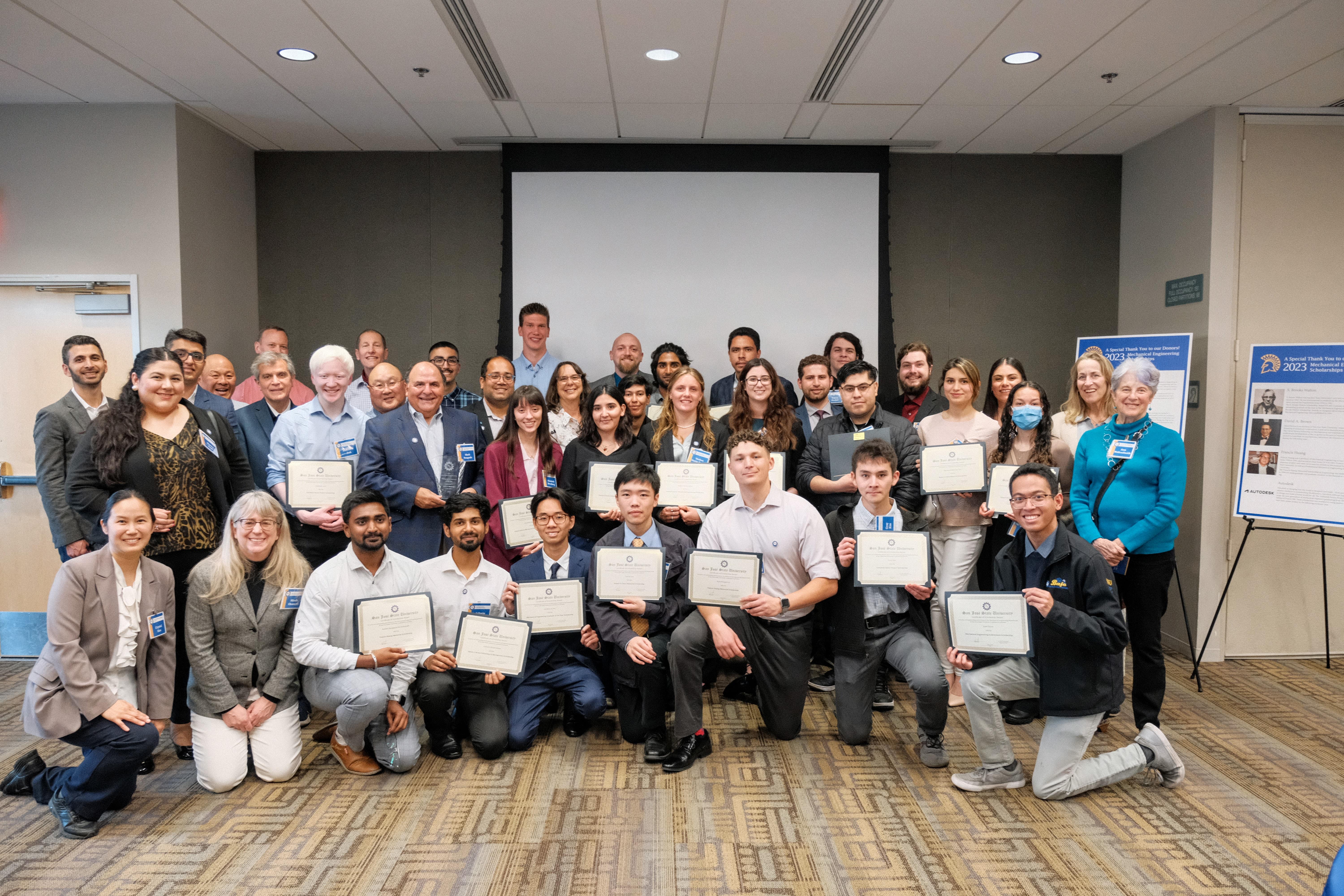 a group photo of the ME Department Scholarship recipients and ME Faculty