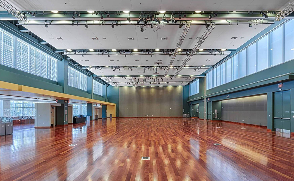 A picture of an empty ballroom inside the Student Union.