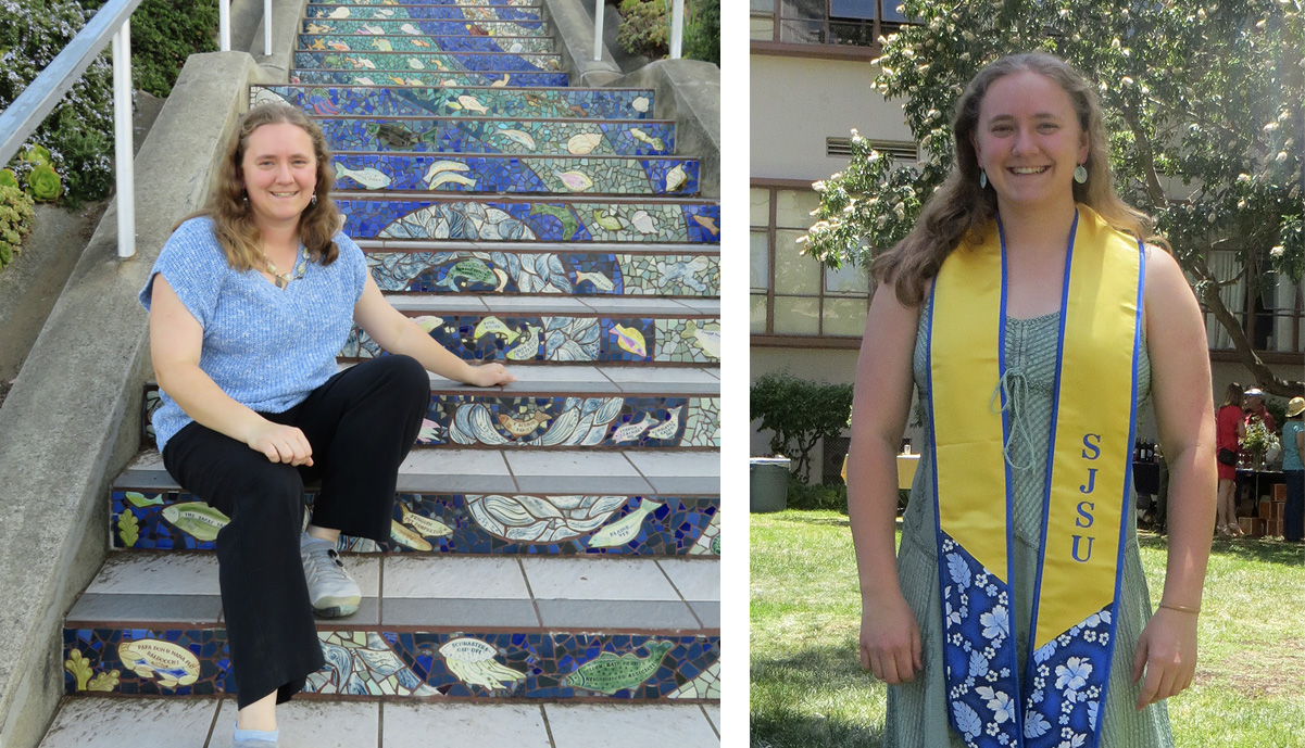 Tara Caughlan sitting on a mosaic staircase and in grad gear..