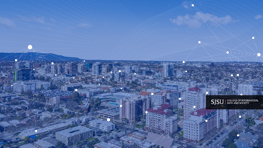 Aerial view of San Jose with visual graphic of data and College of IDS Lockup