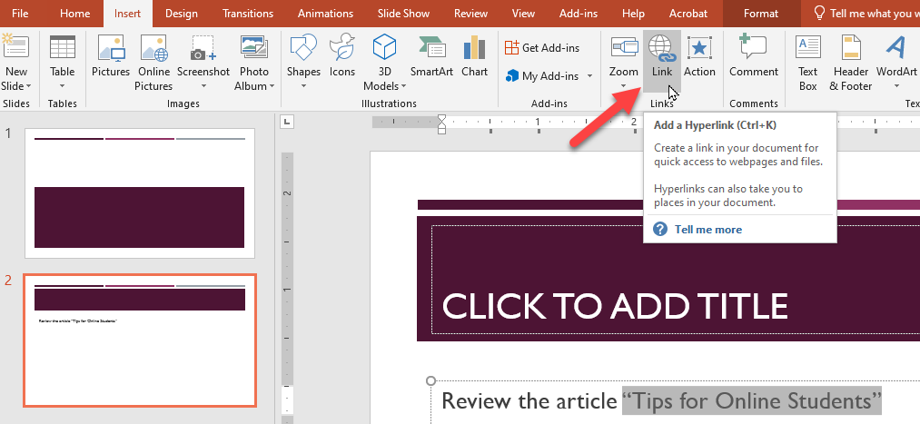 Insert link interface in PowerPoint