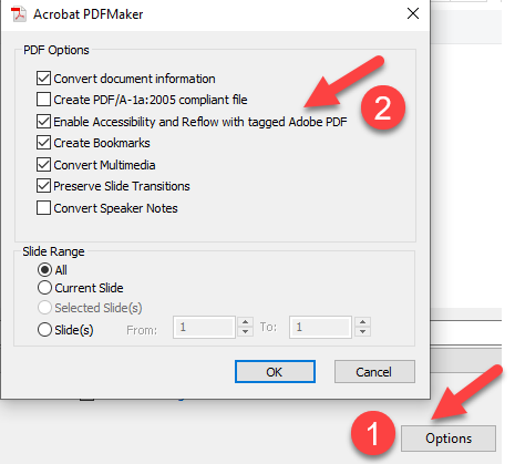 Options tab in PowerPoint showing enable accessibility and reflow box checked