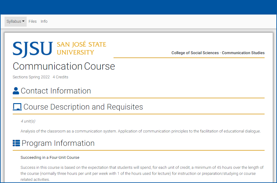 SJSU Official Syllabus Interface View