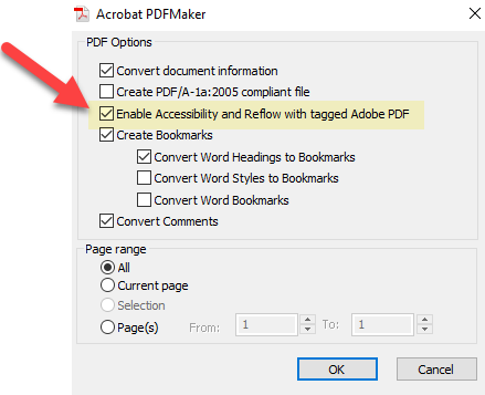 Enable Accessibility and refloew with tagged Adobe PDF check box selected