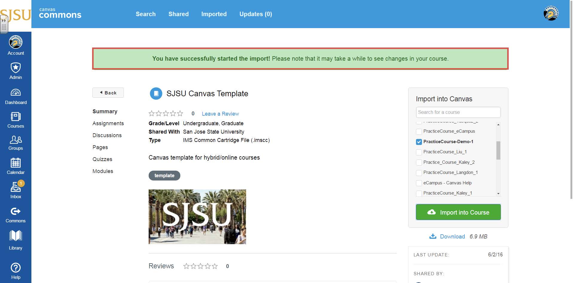 Import SJSU template to Course in Canvas image 