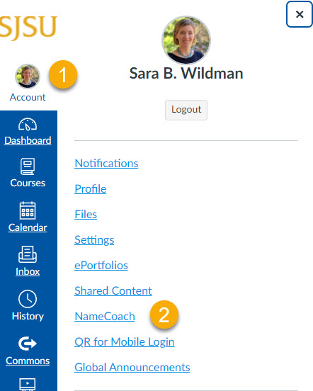NameCoach tab in Canvas Global Navigation menu.