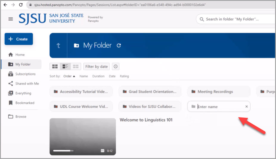 Create new folder in Panopto interface