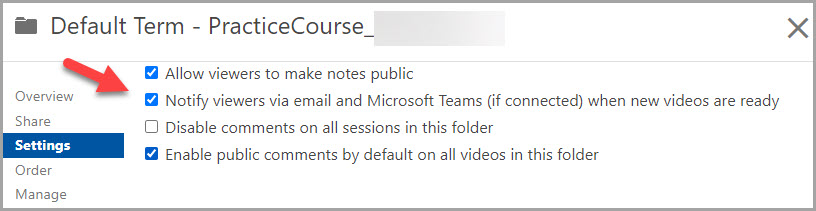 Notification settings in course folder