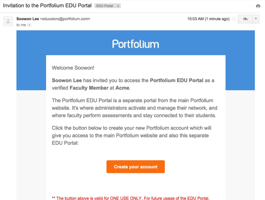 Portfolium invitation email example