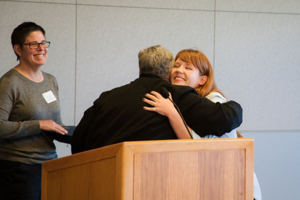 A student receiving a Dorothy Wright award.