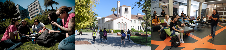 photo collage of sjsu campus building and students