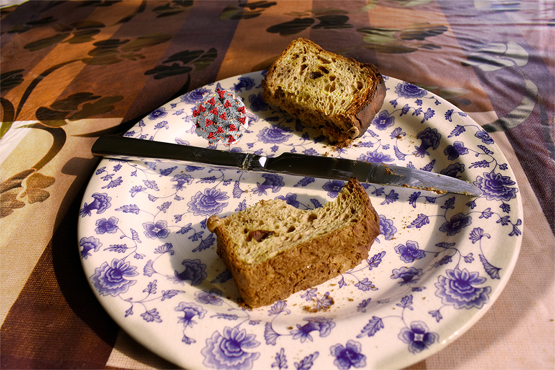 composite image of sliced bread on plate with coronavirus superimposed on top